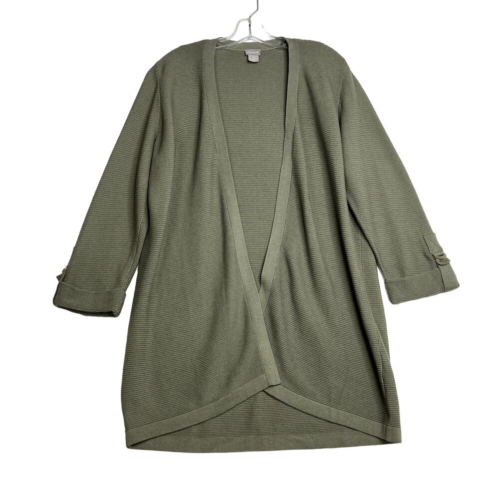 Textured Tab Sleeve Cardigan Open Front Green Womens 2 Large